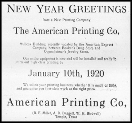 American Printing Temple, Texas opens January 10, 1920