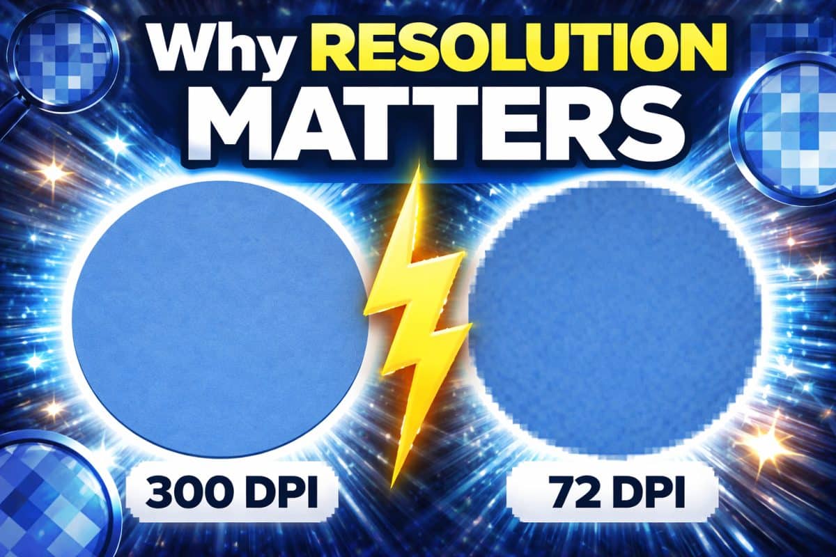 Illustration comparing 300 DPI and 72 DPI image resolution showing sharp print quality versus pixelated print results