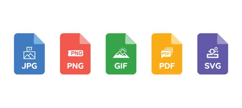 Icons representing common print file formats including JPG, PNG, GIF, PDF, and SVG used in professional printing workflows.