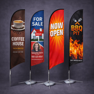 Feather flag printing. Outdoor feather flags make a bold statement and draw attention to your business