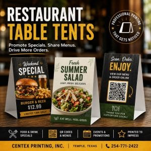 printed table tents for restaurants by CenTex Printing