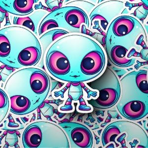 Pile of custom die-cut vinyl stickers printed with a gloss finish