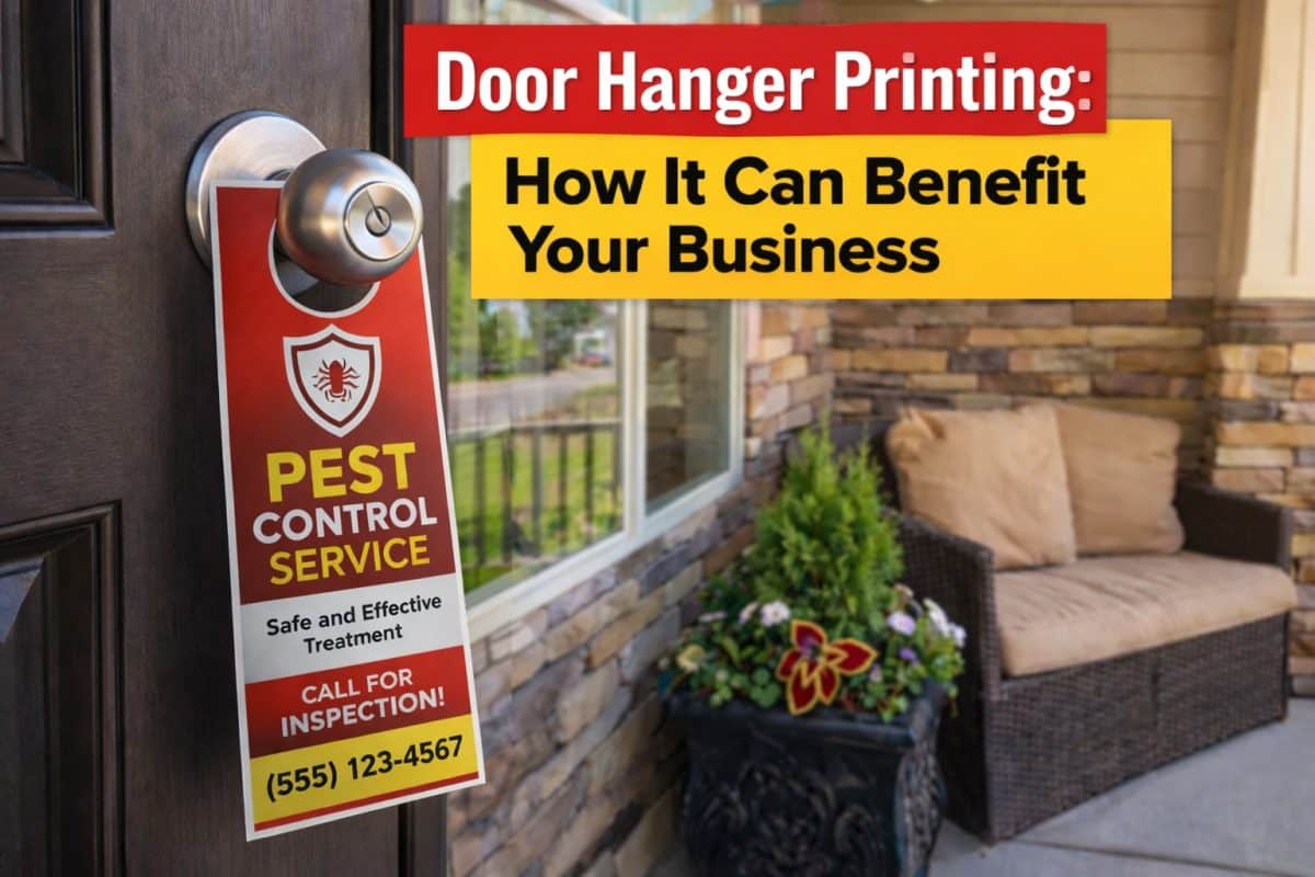 door hanger hanging on a front door knob as a local business marketing example