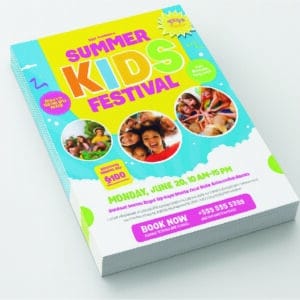 Stack of promotional flyers with bold graphics