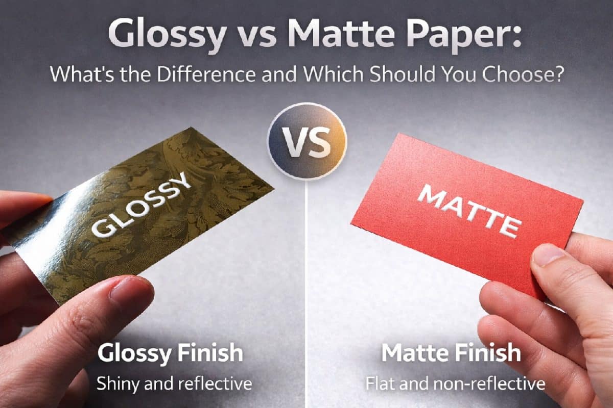 Comparison of glossy and matte paper finishes showing differences in surface reflection and print appearance