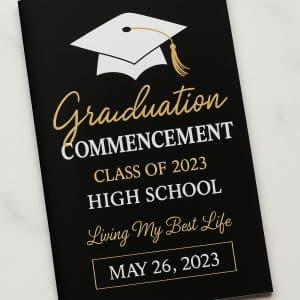 Custom printed graduation program booklet with full-color cover and saddle-stitched binding.
