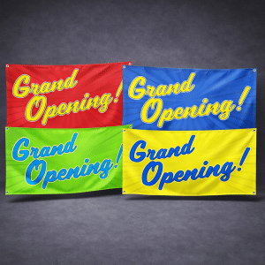 Grand opening banners printing on 13oz matte vinyl. 6x3 banners with grommets and hemmed.