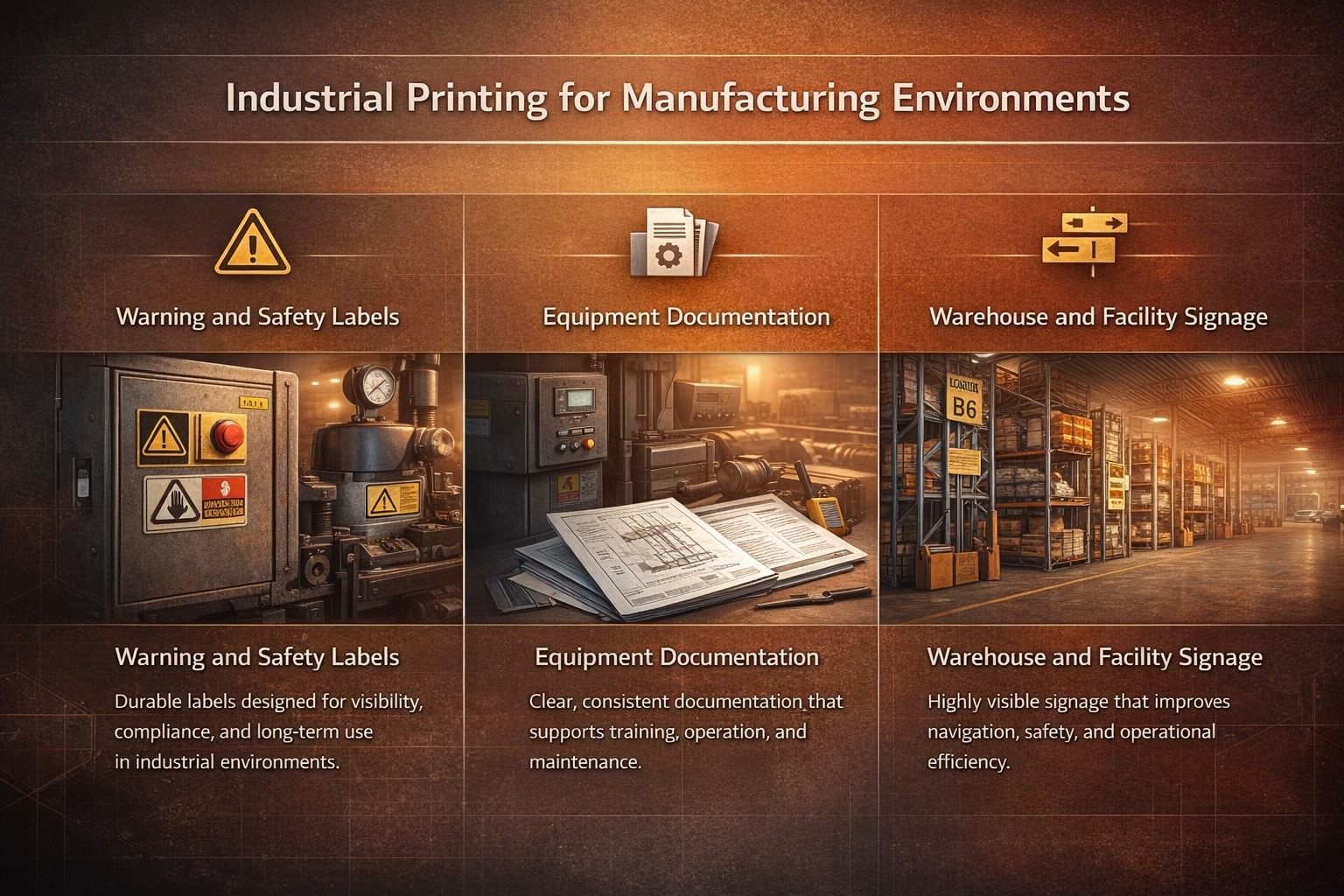 Warehouse signage, warning labels, documentation for manufacturing environments