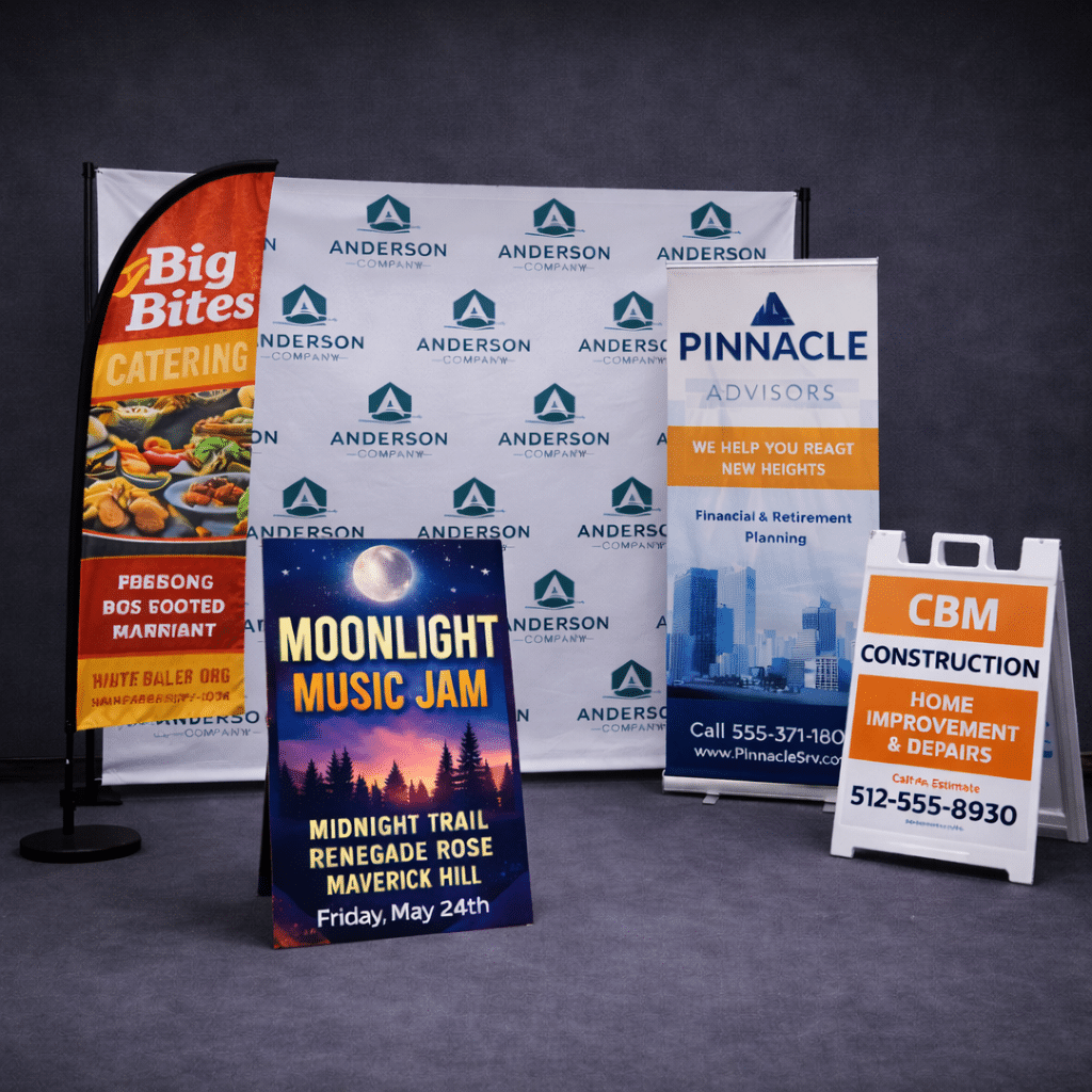 Large format printing for banners, backdrops, feather flags, signs and more.