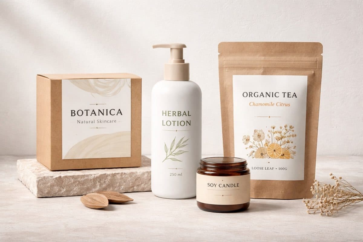 Packaging design trends showing simple craft stock, earth tone colors, simple fonts