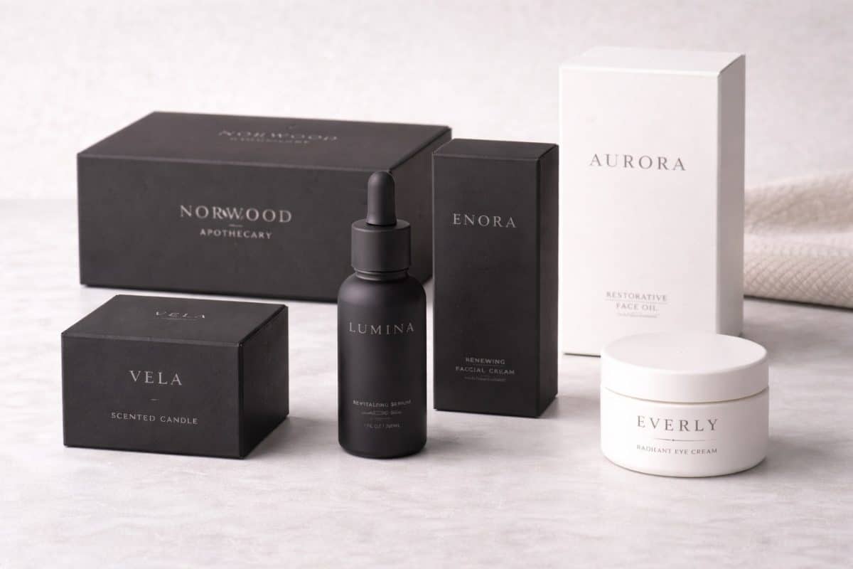 Black soft-touch packaging with matte finish and subtle typography highlighted by directional lighting