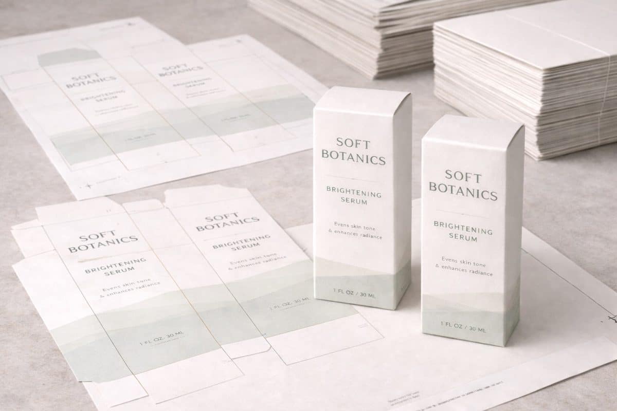 Packaging displayed alongside printed components to show design created with real-world production in mind