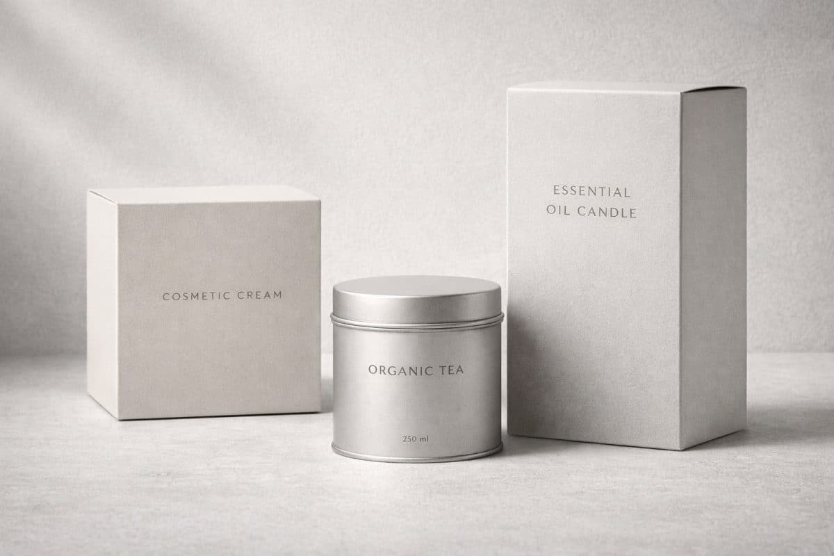 Clean packaging design emphasizing material quality and structure with subtle typography and neutral tones