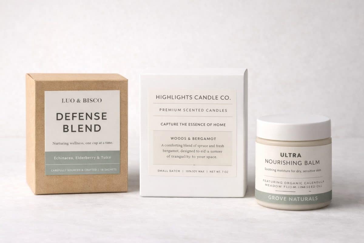 Packaging showing a hybrid branding model where pre-printed labels are applied to product package.