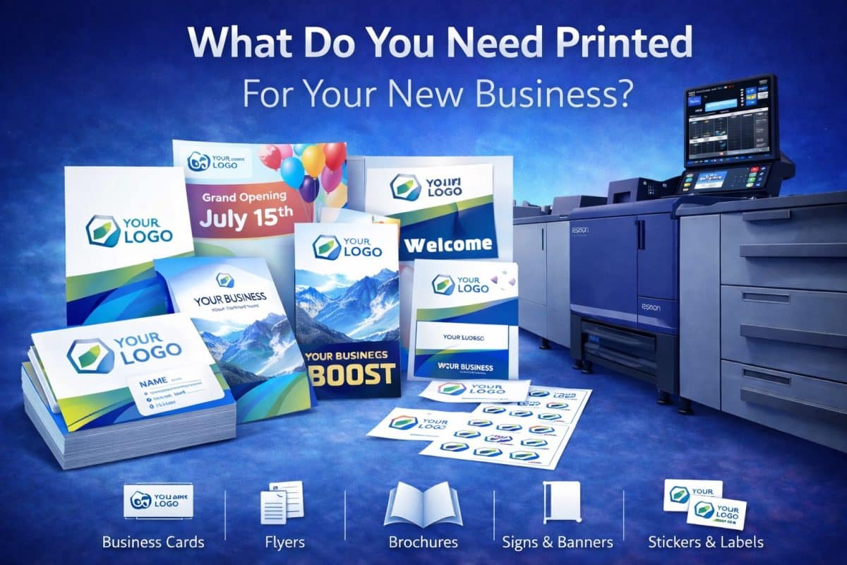 Printed materials new businesses need including business cards, flyers, and signage