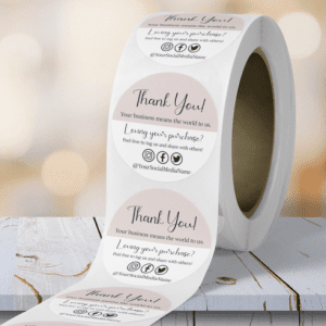 custom roll labels, product labels, thank you labels on a roll.