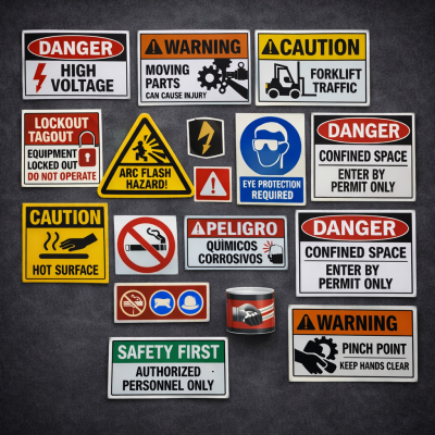 Safety labels, warning labels. Industrial warning stickers.