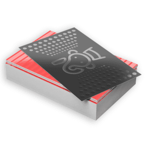 Stack of Spot UV business cards printed on matte 18pt stock